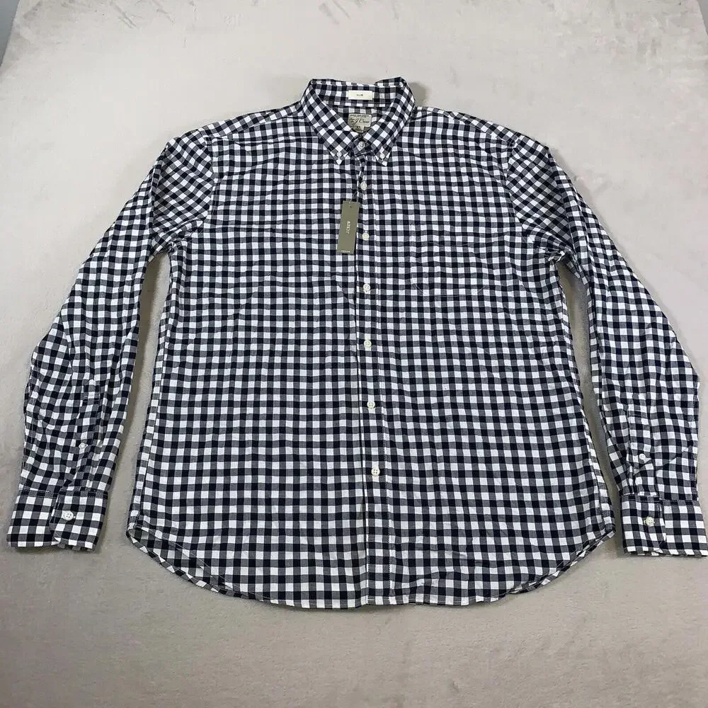 J Crew Shirt Mens XL‎ Navy Check Slim Stretch Secret Wash Organic Cotton NEW